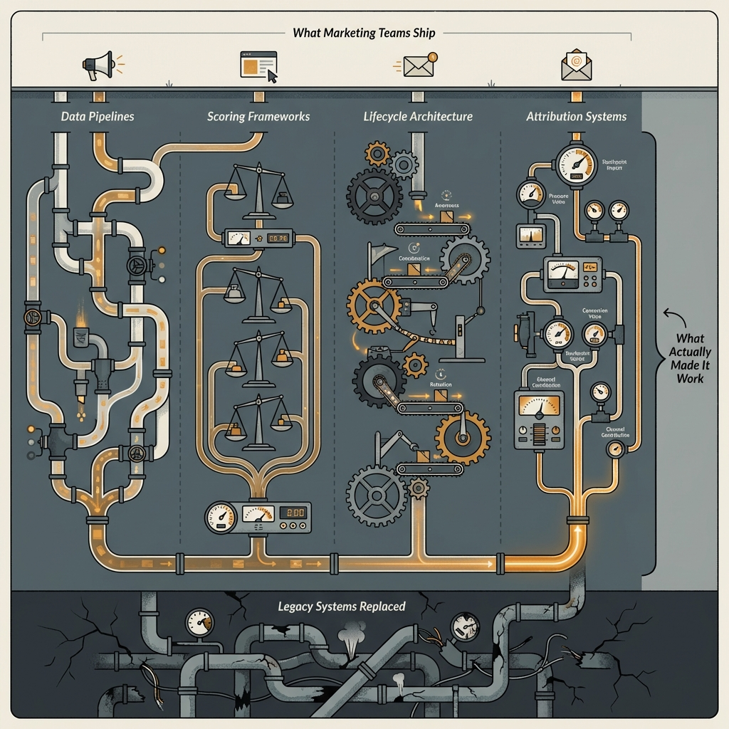Marketing Infrastructure Illustration showing data pipelines, scoring frameworks, lifecycle architecture, and attribution systems