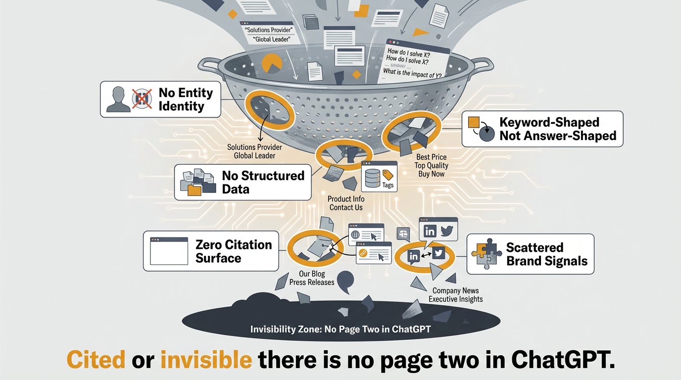 Diagnostic checklist diagram showing five reasons B2B companies are invisible to AI — no entity identity, keyword-shaped content, no structured data, zero citation surface, and scattered brand signals