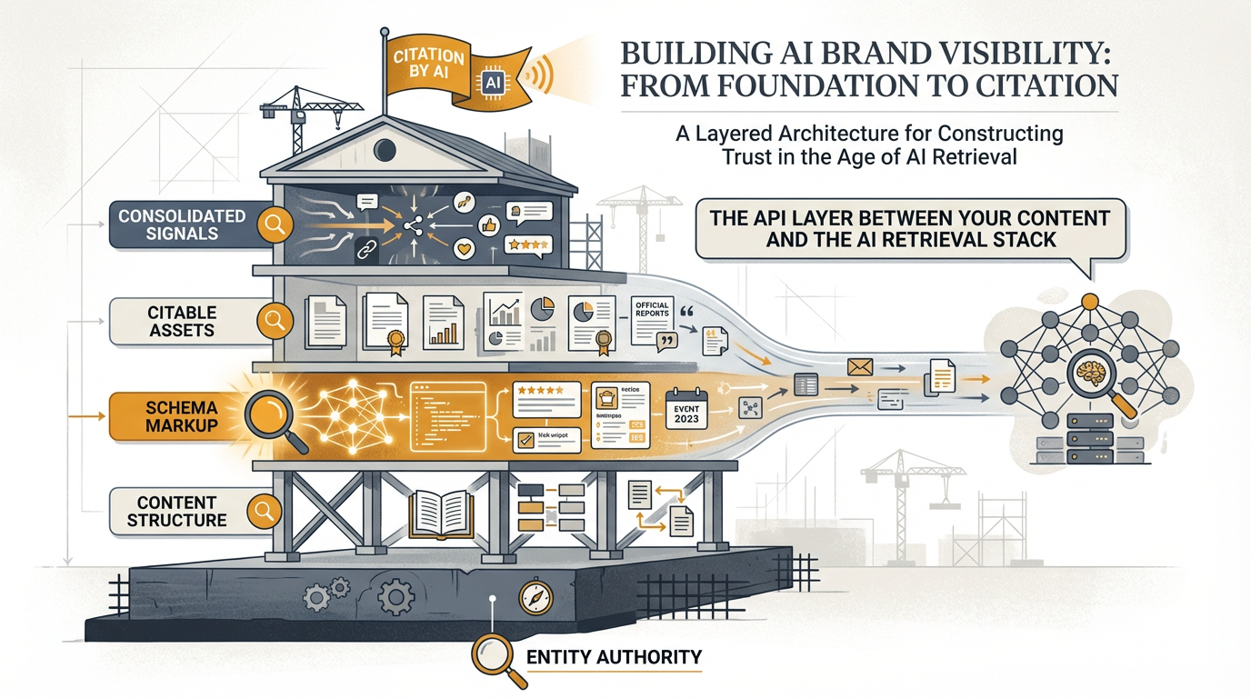 Layered stack diagram showing the AI visibility architecture — entity authority at the foundation, then content structure, schema markup, citable assets, and consolidated signals building toward AI citation