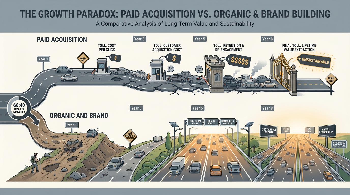 The Growth Paradox: Paid Acquisition vs. Organic & Brand Building - A comparative analysis showing paid channels leading to unsustainable costs while organic builds toward market leadership